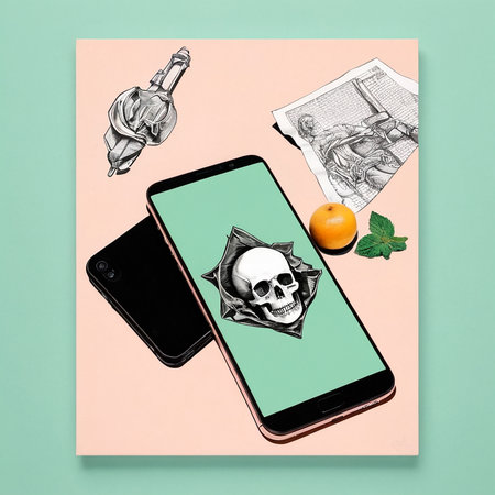 A vivid arrangement features a smartphone with a skull design alongside artistic sketches.の素材
