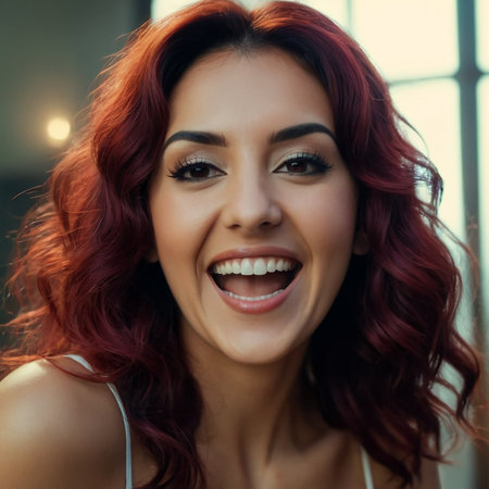 A young woman with curly red hair beams with joy in a sunny room.の素材