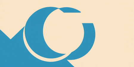 Bold blue shapes overlap against a soft beige backdrop, creating visual harmony.の素材