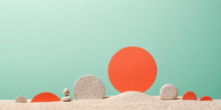 Bright orange circles stand out against a pastel backdrop, evoking calm and balance.の素材