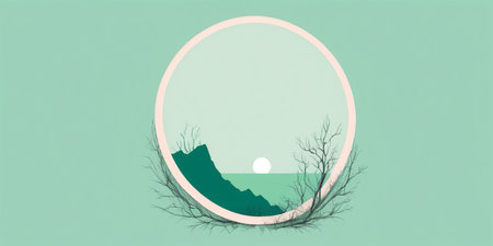 A serene view features a setting sun over tranquil waters and rocky shores.の素材