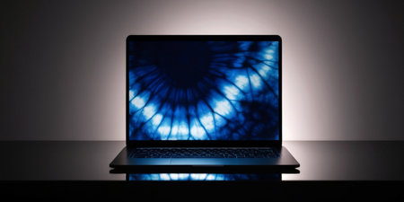 A sleek laptop glows with blue patterns on a reflective surface in the dark.の素材