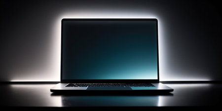 A sleek laptop rests on a dark surface, bathed in soft, tranquil light.の素材
