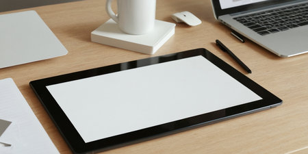 A minimalist workspace showcases a tablet, a steaming coffee cup, and a laptop.の素材