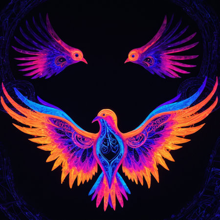 Colorful birds fly gracefully, creating a mesmerizing display of artistry and beauty.の素材