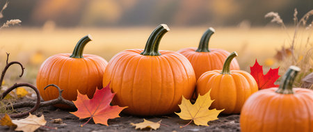 Colorful pumpkins rest amidst fallen leaves in a tranquil autumn landscape.の素材