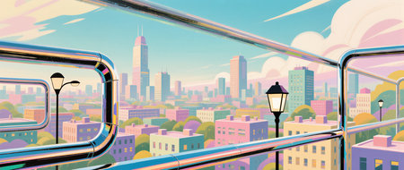 Vibrant urban landscape unfolds as bright pipes frame the skyline at midday.の素材