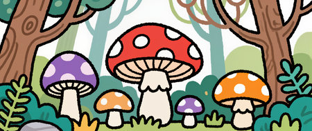 Vibrant mushrooms with polka dots thrive in a cheerful woodland setting.の素材