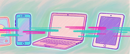 Colorful electronic gadgets interconnect in a lively display of modern innovation.の素材