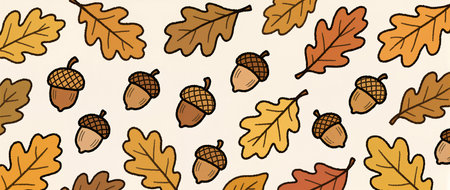 The design features vibrant autumn leaves and acorns scattered on a soft background.の素材