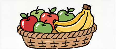 A vibrant basket holds ripe bananas, red apples, and green apples, inviting freshness.の素材