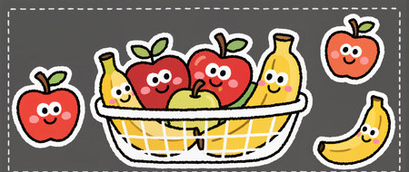 A vibrant basket overflows with happy fruits, brightening up any kitchen space.の素材