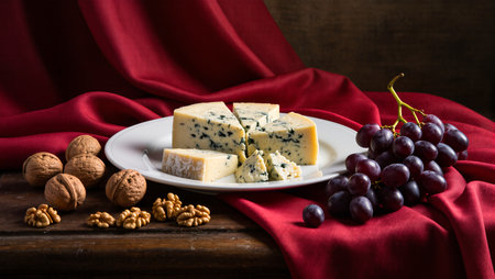 Delight in a hearty spread of blue cheese, walnuts, and fresh grapes.の素材
