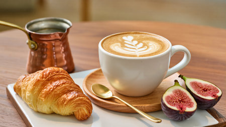 Enjoy a warm cup of artisanal coffee with a buttery croissant and ripe figs.の素材