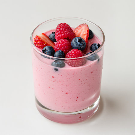 A creamy dessert with mixed berries topped with fresh strawberries and blueberries.の素材