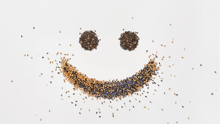 Colorful seeds are artfully placed to create a joyful smile on a clear surface.の素材