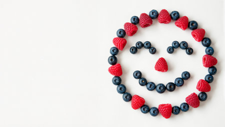 A playful arrangement of blueberries and raspberries forms a happy facial expression.の素材