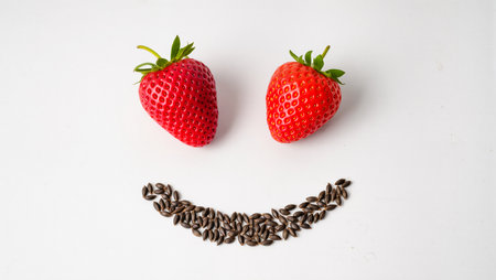 Two vibrant strawberries create a smiling face with sunflower seeds beneath them.の素材