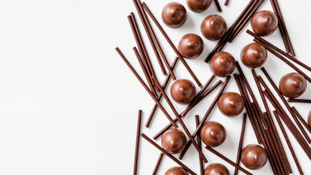 Chocolate spheres and elegant sticks create a tempting visual feast on a surface.の素材