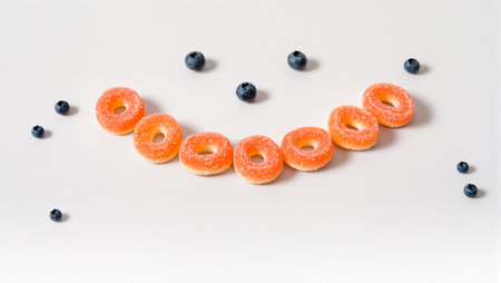 Colorful donuts and fresh blueberries form a joyful smile on a smooth surface.の素材