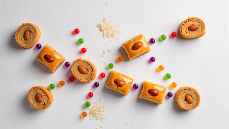 A delightful display of sweet pastries and colorful candies showcases a festive treat.の素材