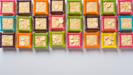 Brightly colored candies filled with almond slices create a delightful treat.の素材