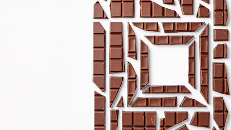 Broken chocolate squares are artistically arranged to create an intriguing design.の素材