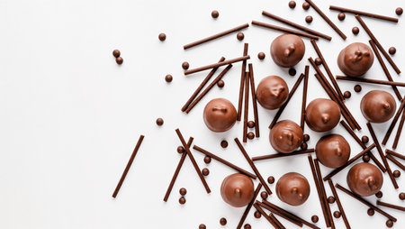 Chocolate balls and sprinkles spread on a plain surface, ready for sweet treats.の素材