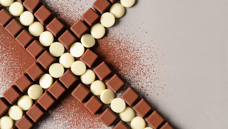 Delicate pieces of chocolate are arranged in an artistic pattern on a smooth surface.の素材