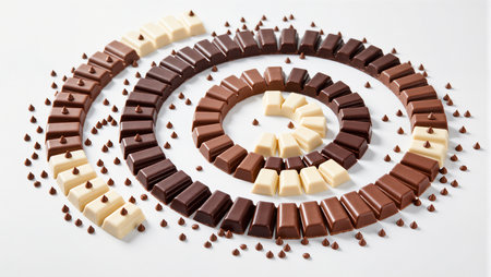 Colorful chocolate pieces form a beautiful spiral on a white surface.の素材