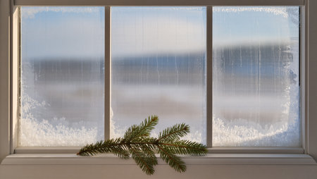 Frosted glass adorns the window while an evergreen branch rests nearby, evoking warmth.の素材