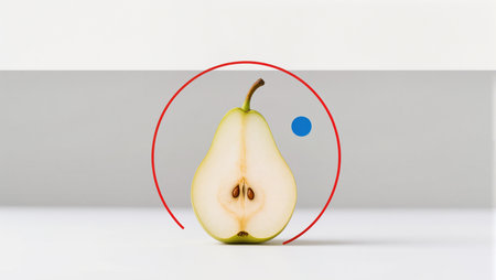 A halved pear sits on a minimalist background with colorful geometric shapes.の素材