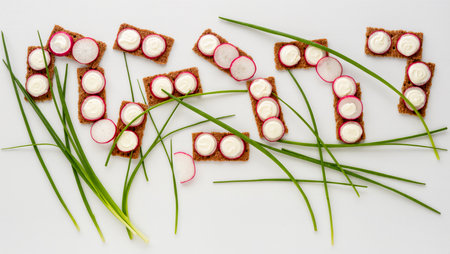 Crisp bread snacks topped with cream and fresh radish slices are arranged.の素材