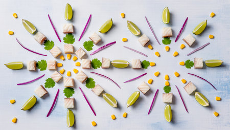 Colorful spread of lime, herbs, and fish cuts arranged in a starburst pattern.の素材