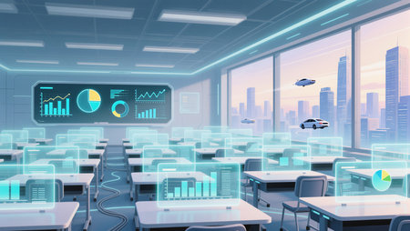 Learners interact with holographic displays while flying cars pass outside.の素材