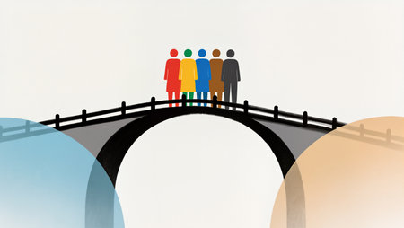 Five diverse figures stand on a bridge, symbolizing connection and harmony among people.の素材