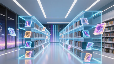 A futuristic library showcases colorful holographic books hovering in the air.の素材