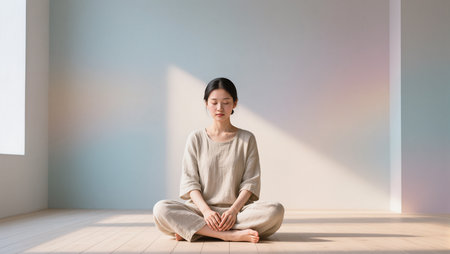 A woman sits in calm meditation, surrounded by soft light and peaceful colors.の素材