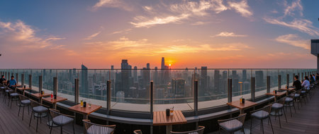 People gather at a rooftop bar enjoying sunset views over the bustling skyline.の素材