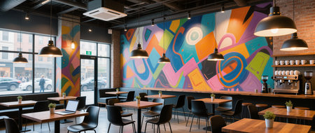 Chic cafe with colorful art and wooden tables invites visitors to unwind.の素材