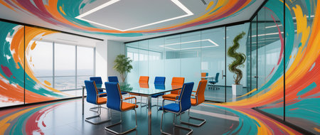 Bright meeting space showcases creative design with colorful wall art and trendy seating.の素材