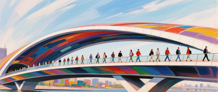 Colorful bridge filled with pedestrians enjoying their day in a lively city.の素材