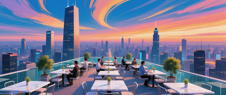 Guests enjoy elegant meals as the sun sets, painting the sky in stunning colors.の素材