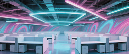 Empty futuristic office equipped with sleek desks and colorful neon lights.の素材