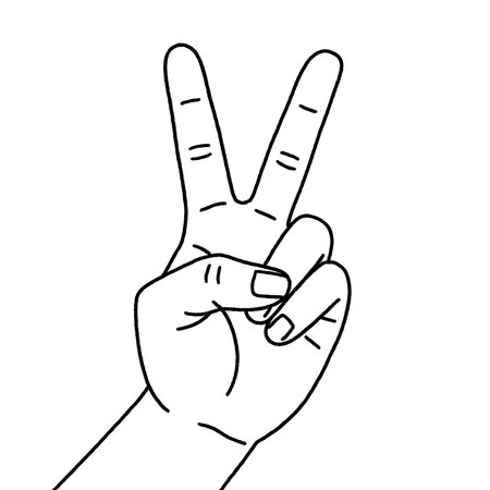 A hand lifts to display the peace sign against a plain background.の素材