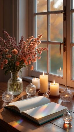 Sunset light fills a warm space with an open book, candles, and flowers creating calm.の素材