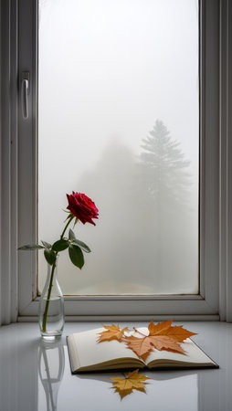 A single red rose stands tall by a foggy window with fall leaves nearby.の素材