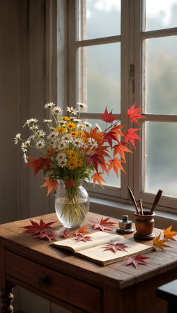 A colorful bouquet of flowers and leaves brightens a wooden table in sunlight.の素材