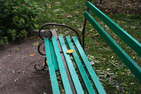 A single yellow leaf lies atop a vibrant green bench in a serene park setting.