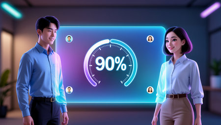 Two people engage with glowing AI technology, indicating a 90 percent completion status.の素材